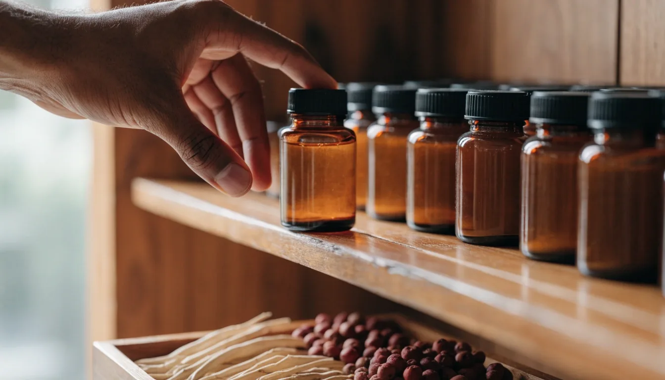 A forearm reaching for an amber bottle beside a weekly organiser, cut by blind stripes