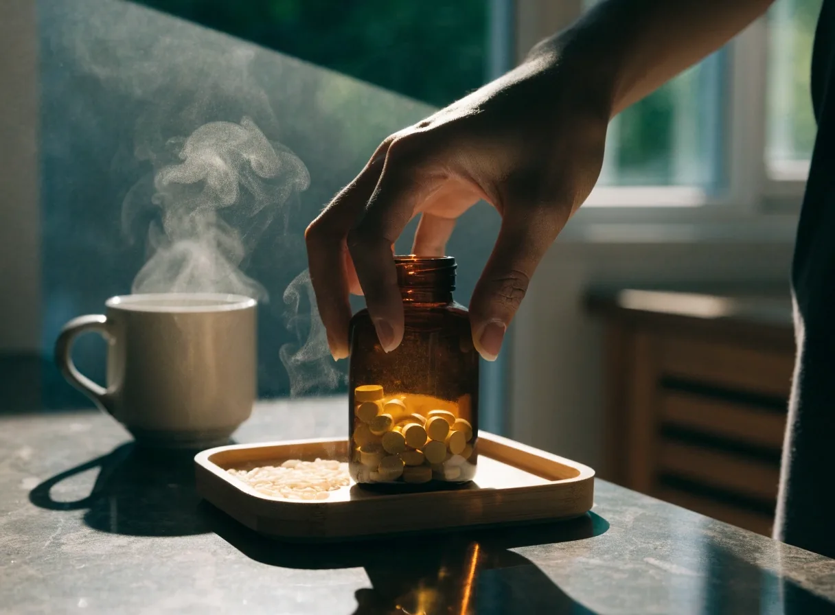 A hand reaching for an unmarked amber bottle next to a morning coffee cup on a dark counter