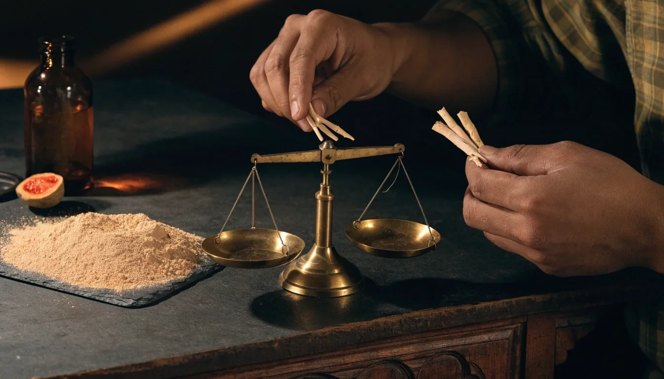 A supplement formula bench under one hard raking light, with an unlabeled amber bottle, ginseng root slivers, a halved saw palmetto berry and maca powder on dark slate