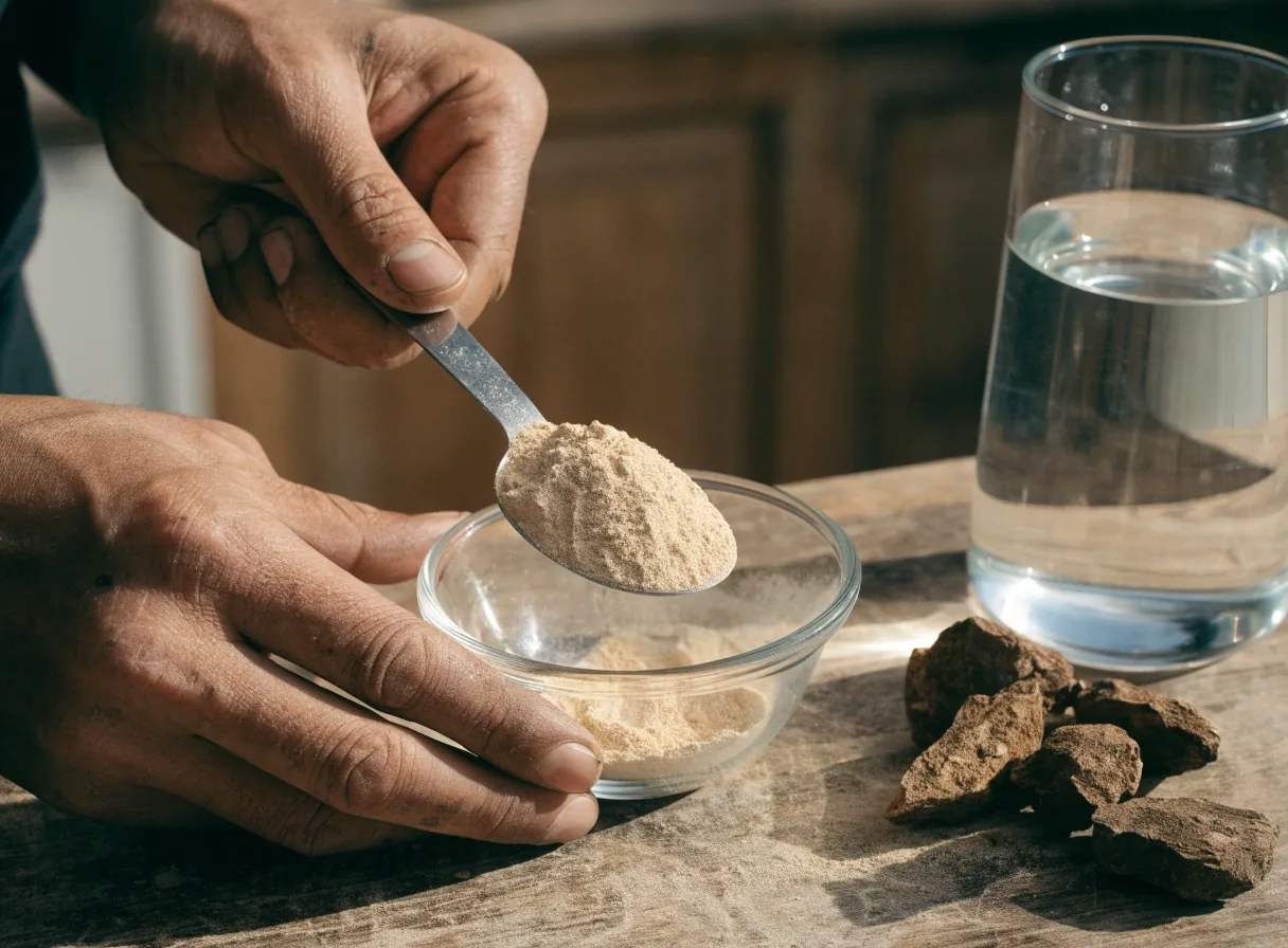 A small heap of pale maca root powder on dark slate, lit by one hard side source