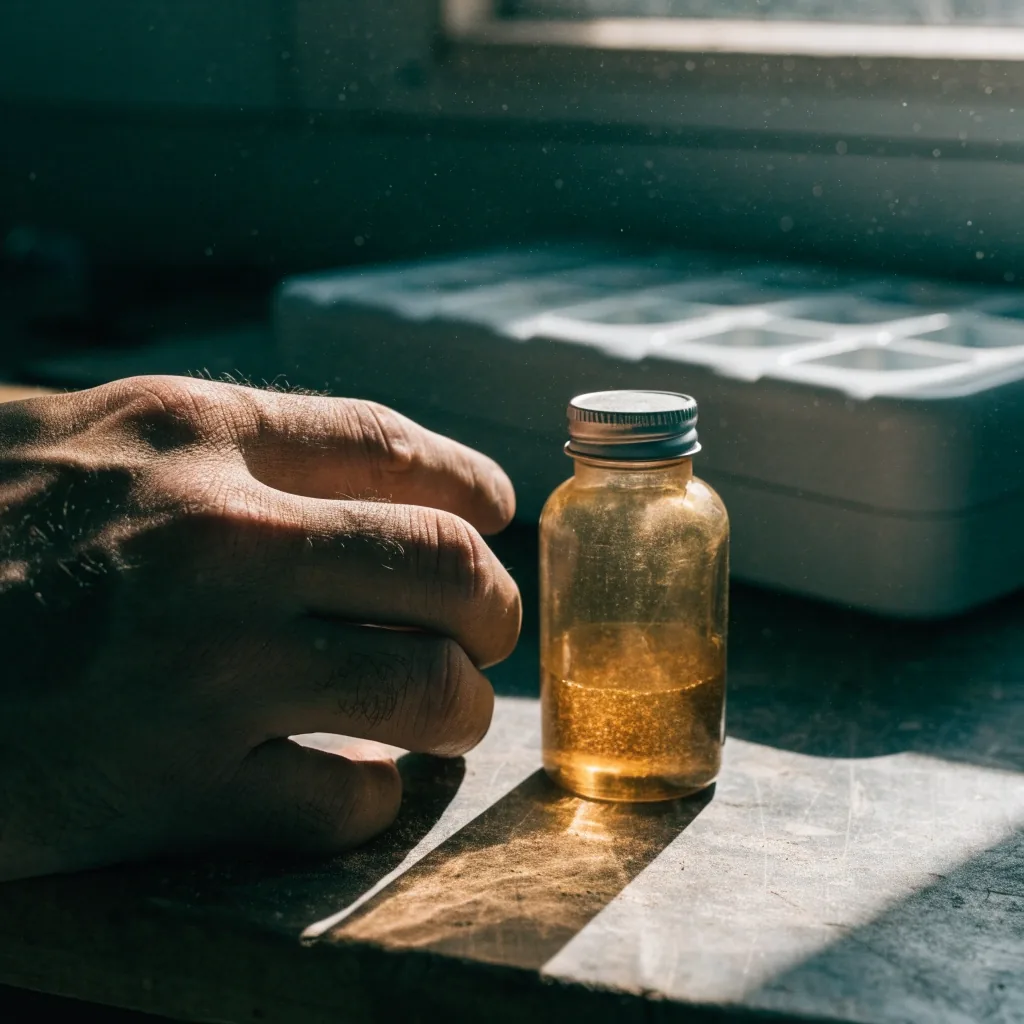 A wooden bench at the end of a working day holding a closed compartment organiser and one remaining unlabelled amber bottle under a hard raking light